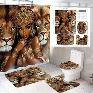 4pcs Regal African Woman & Majestic Lion Bathroom Set, Luxurious Shower Curtain, Bath Mat & Toilet Cover,The floor mat fabric is thicker and softer!  Accents, Ideal for Elegant Homes