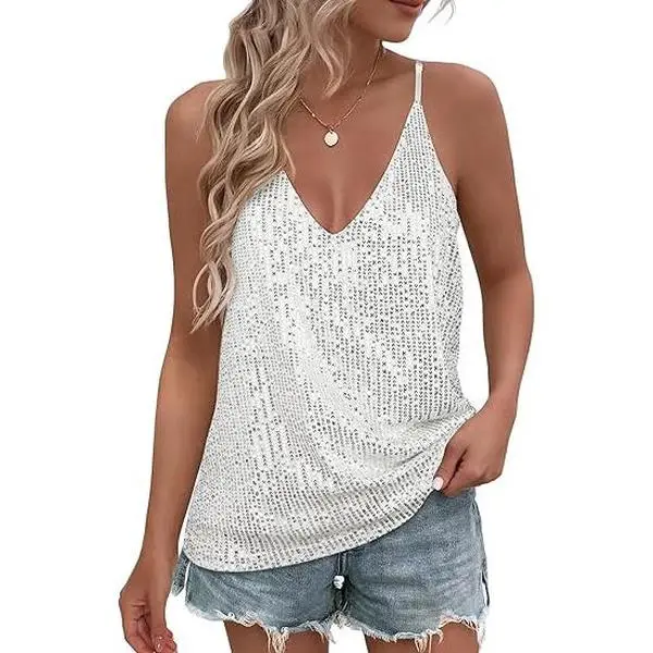 Women's Sleeveless V-Neck Shiny Glitter Sequin Camisole Tank Top - Casual, Elegant Chic Style for Pairing with Jeans, Skirt, Jacket; Ideal for Dances, Music Festival