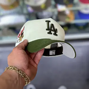 New Era LA Dodgers Cream Olive Snapback – Side Patch, 9FORTY Adjustable Curved Brim Cap, Streetwear Hat