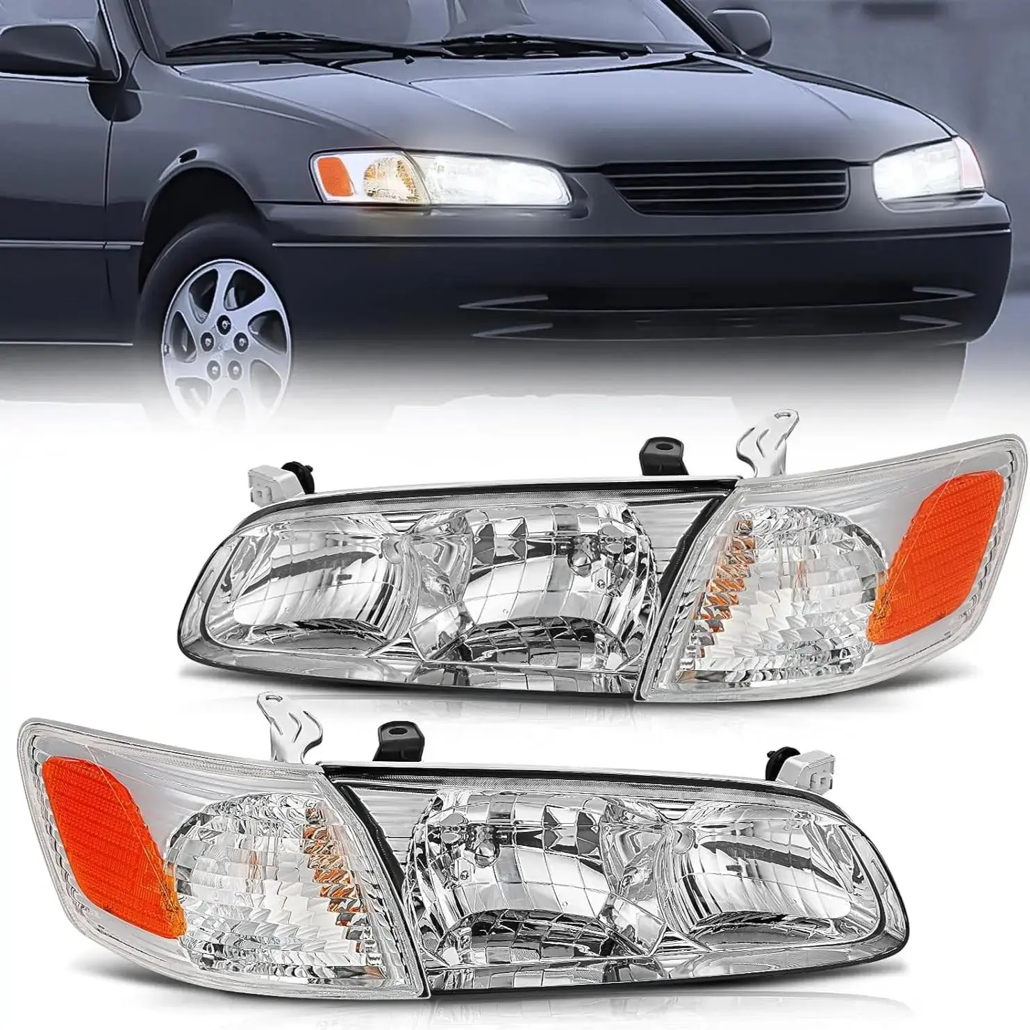 Nilight Automotive 1 Pair of Headlight Assembly Replacement for 2000-2001 Toyota Camry - Chrome Housing, Amber Reflector, Beam Angle Adjustable, Anti-Fog Vent, IP65 Car Light Pair Set, Automotive Accessories, Cars Accessories