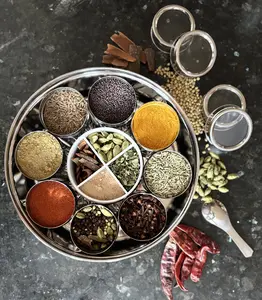 Masala Dabba Stainless Steel Spice Container with Air-Tight Design, 9 Individual Lids, Durable and Versatile Kitchen Organizer