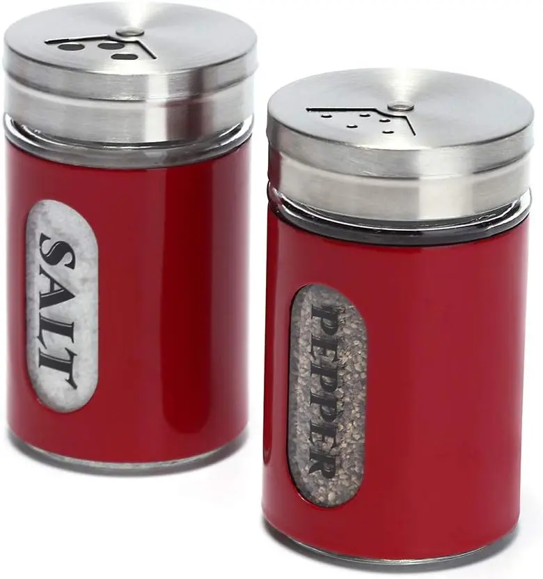 Salt and Pepper Shakers Stainless Steel and Glass Set with Adjustable Pour Holes (Red)  Spice Shakers
