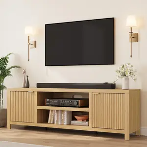 Fluted TV Stand for 80 Inch, Modern Entertainment Center with Storage, Wooden Media Console Cabinet with Fluted Door and Gold Handle for Living Room Bedroom, Natural Oak