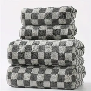 Checkerboard Pattern Bath Towel Set, 2 Counts Soft Absorbent Quick Drying Bath Towel with 2 Counts Hand Towels, Family Bath Outing Bathroom Accessories, Super Absorbent Towel