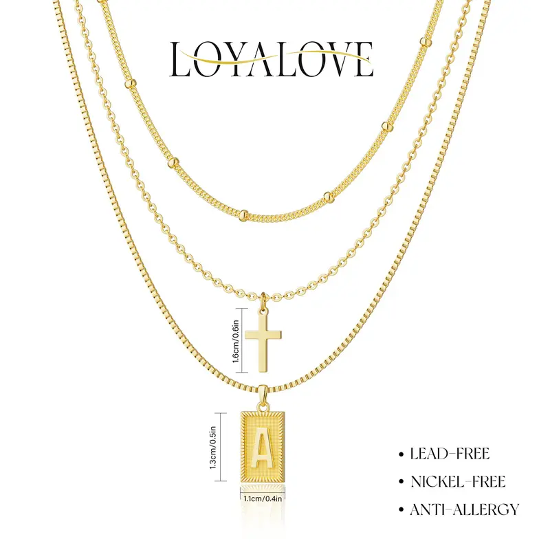 3set Initial Letter Pendant Necklace for Men Womens, Square Capital Monogram Necklace Alhpabets from A-Z Figaro Chain Gift for Valentine's Day
