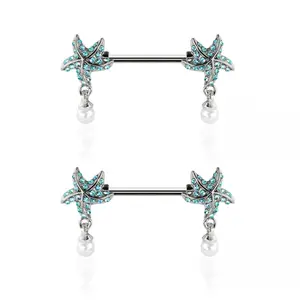 Aqua CZ Crystal Starfish with Dangling Simulated Pearls Nipple Barbells - Pair - 316L Stainless Steel
