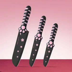 Meowkit 3-Piece Non-Stick Coated Kitchen Knife Set – Paring, Utility & Santoku Knives in Black & Pink