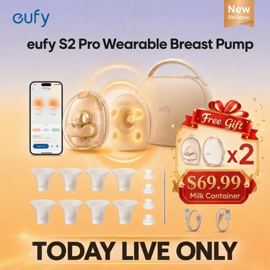 NEW eufy S2 Pro Heated Wearable Breast Pump, Hands-Free Breast Pump with Industry-Leading HeatFlow Tech, App-Controlled OptiRhythm, Hospital-Grade Suction, Leakproof, Slim and Ultra-Quiet for in-Bra Use Maternity