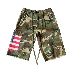 Men's Americana Printed Camouflage Pleated Rhinestone Shorts, Vintage Distressed Menswear Bottoms