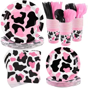Kochorie 210 Pieces Pink Cow Tableware Set Black Pink Cow Print Dinnerware Supplies Paper Plates Cups Napkins Cutlery for Cowgirl, Baby Shower, Farm Animal Birthday Party Decor, Serve 30 Guests