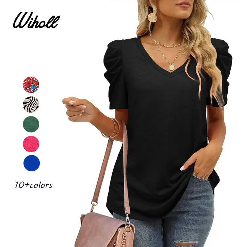 WIHOLL Womens Summer Shirt V Neck Casual Tshirts Puff Sleeve Tops for Women Solid Color XS-3XL