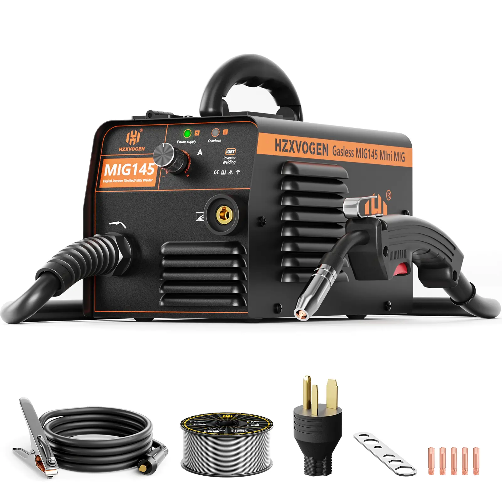 HZXVOGEN 145A Portable Handheld Welder - Dual Voltage 110V/220V Gasless Flux Core Welder, IGBT Inverter, Smooth Wire Feed System, Smart Cooling for DIY Repairs