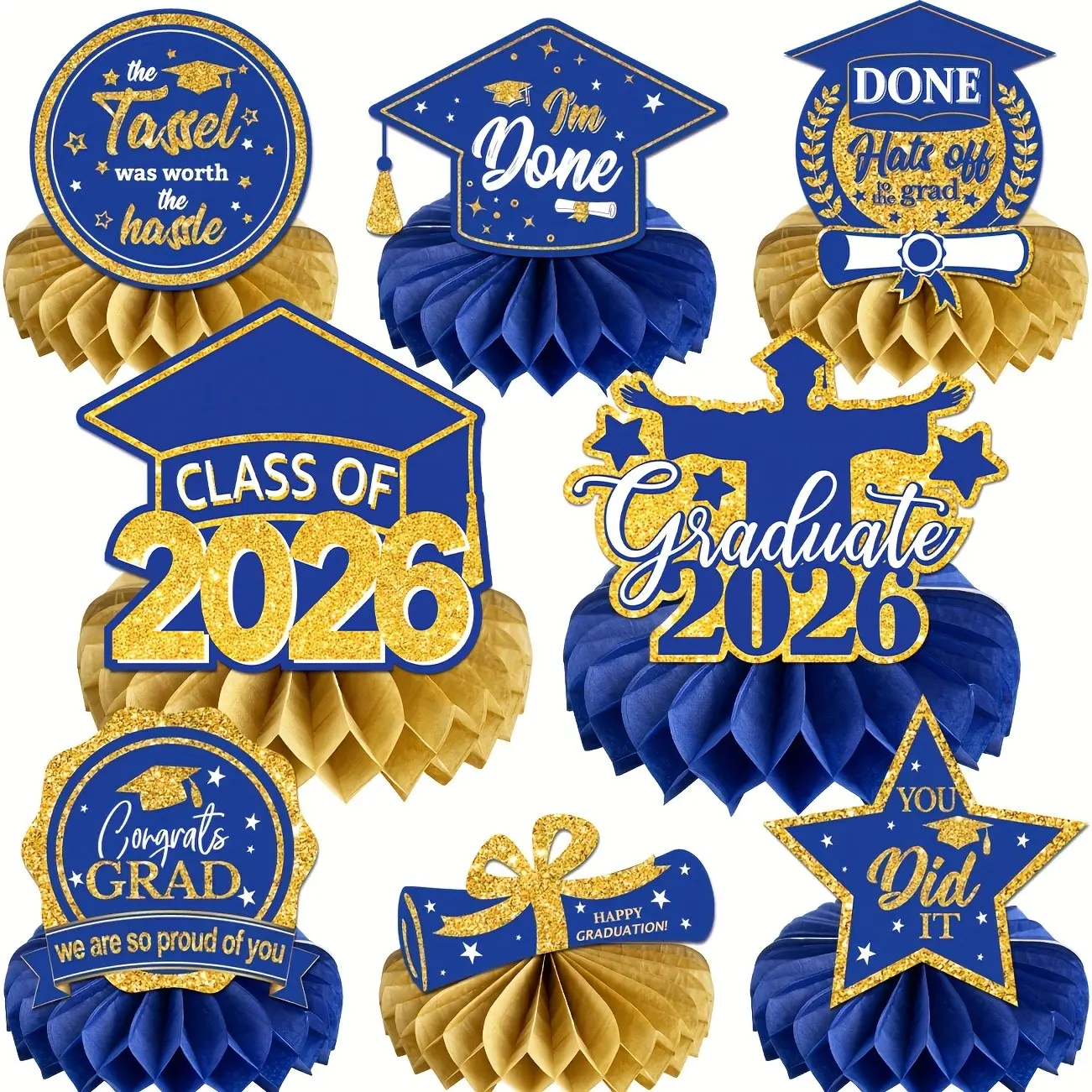 8Pcs Graduation Centerpieces for Tables 2026 Blue and Gold Honeycomb Centerpiece Class of 2026 Graduation Decorations Party Favors Graduation Party Congrats Grad Graduation Gifts Graduation Party Set