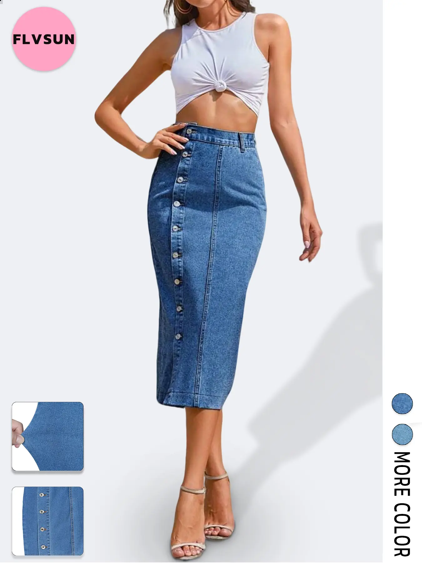 Flvsun Women's Chic High-Waisted Stretch A-Line Asymmetrical Denim Midi Skirt - Knee-Length Solid Color, Button-Up Front, Side Split, Polyester, Machine Washable, All-Season Casual Bottom for Women, Skirts For Women