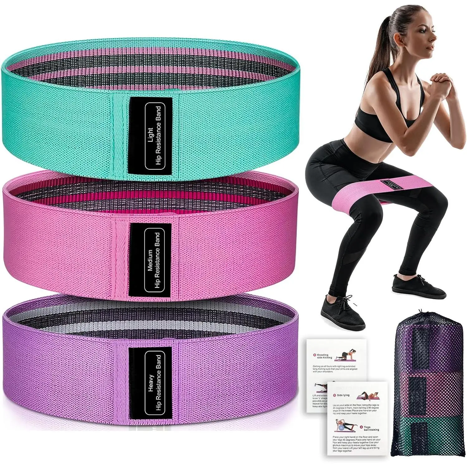 Resistance Bands 3-Piece Yoga Starter Set for Men & Women, Elastic Workout Accessories for Glutes Training, Squat Practice
