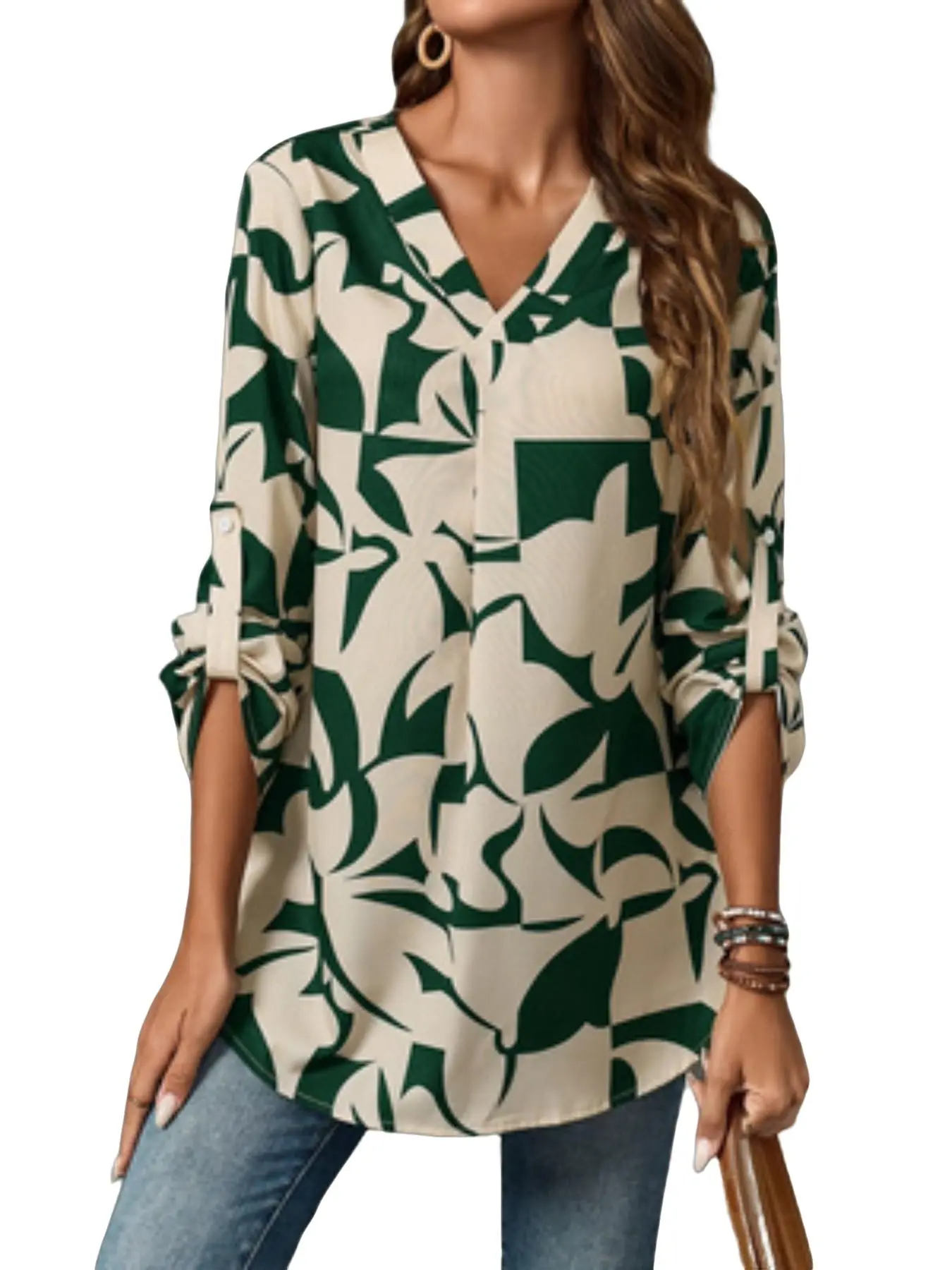 Abstract Print V-Neck Long Sleeves Shirt, Bohemian Style Casual Top, Women's Fashion Blouse, Comfortable and Stylish, Perfect for Daily Wear, Casual Daily Tops