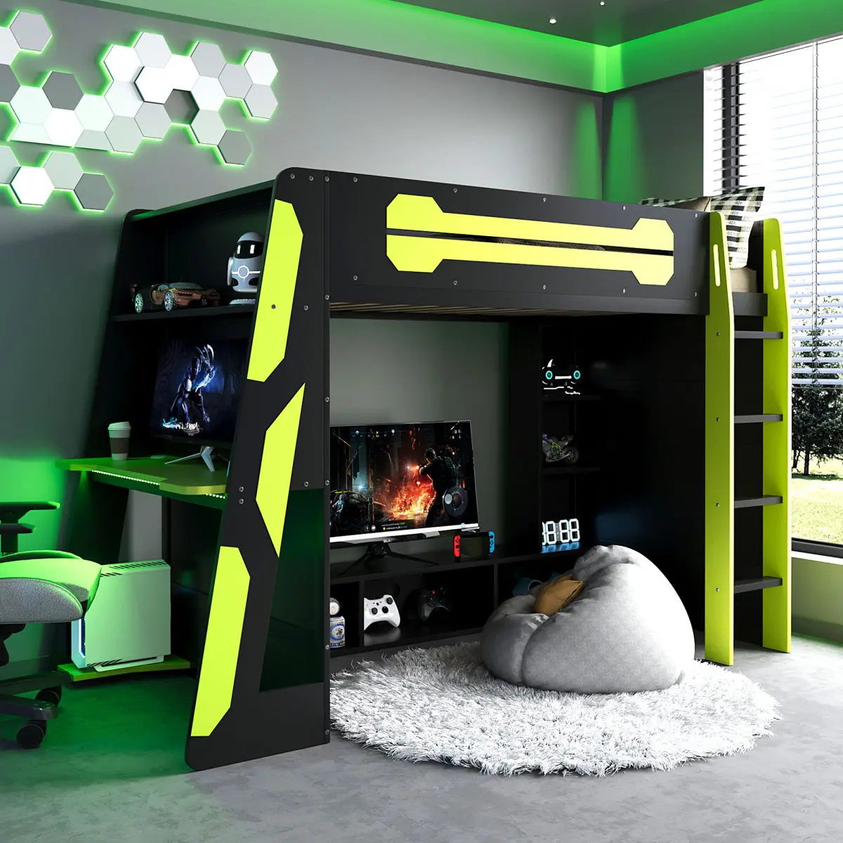 Twin Size Wood Gaming Loft Bed Frame with RGB Lighting, Ergonomic Desk, Multi-Storage Shelves, Console Shelf, Esports Design, 92.7''L x 40.8''W x 65''H, 186.5 lbs, Assembly Required, Fire Safety Label, Indoor Bedroom Furniture (Green)