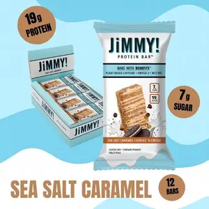 JiMMYBAR! Sea Salt Caramel Cookies 'n Cream Protein Bar 19g Protein 7g Sugar Plant-Based Caffeine Gluten-Free 12 Count Box Functional Snack