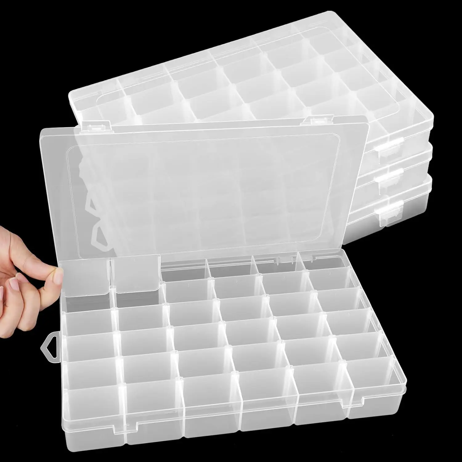 4 Pack 36 Grid Bead Organizer Box with Removable Dividers, Clear Plastic Craft Storage Container for Jewelry, Fishing Tackle, Screws & Small Parts