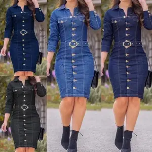 New Denim Dress Women Lapel Slim Fit Elegant Pencil Dresses Long Sleeve High Waist Singl-Breasted •