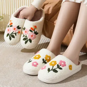 Women Home Slippers Flower Slippers Indoor Outdoor Plaid Shoes Warm Soft Bedroom Shoes Fuzzy Closed Toe Sandals Non Slip House Bedroom Slippers