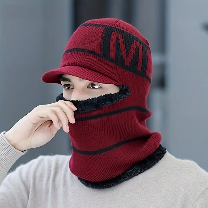 Winter Knit Balaclava Beanie Hat with Integrated Fleece Lining, Windproof Thermal Ear Protection, Sporty Acrylic Full Face Cover, for Cycling