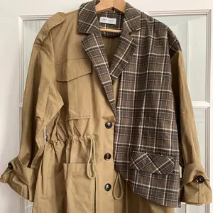 Unique Two-Tone Trench Coat - Asymmetrical Design with Classic Beige & Brown Plaid, Functional Pockets, Casual & Tucked Style - Dress