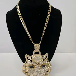 18K Gold Plated Bold Cubic Zirconia Tiger Head Pendant