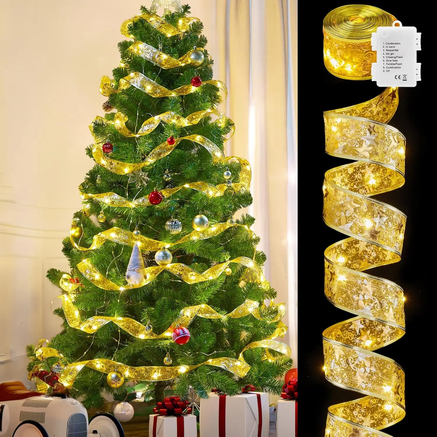 Christmas Tree Ribbon String Lights - 33ft 100 LED  with Timer and 8 Lighting Modes, Ribbon Bows Lights for 6ft - 8ft Christmas Tree New Year Décor,