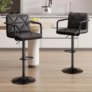 Set of 2 Barstools, Adjustable Height 25.5-34.5 IN with Back & Arms, Swivel PU Leather Upholstered Counter Height Bar Chairs