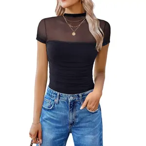 Women’s Short-Sleeve Mock-Neck Mesh Sheer Bodysuit/Leotard, One-Piece Top for Night Out Parties