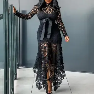 Plus Size Lace Hollow Out Vintage Mermaid Dress Asymmetric Hem Evening Party Dress Autumn Formal Wear Elegant Patchwork Design