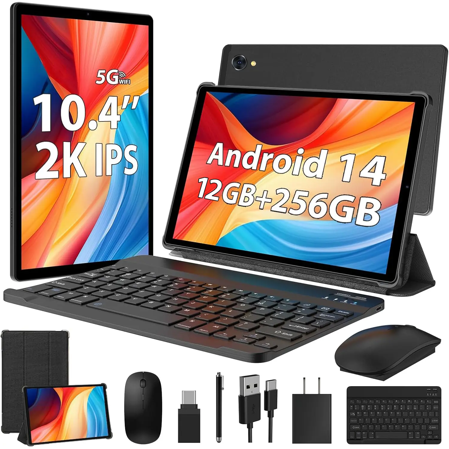 POWMUS Android Tablet Bundle, 10Inch 2K HD IPS Display, 128GB/256GB ROM 6GB Native RAM (Supporting 12GB Expand), 6000mAh Battery, Dual-Band WiFi, Gaming Tablet PC with Keyboard, Mouse, Stylus & Protective Case, for Work, Study & Entertainment
