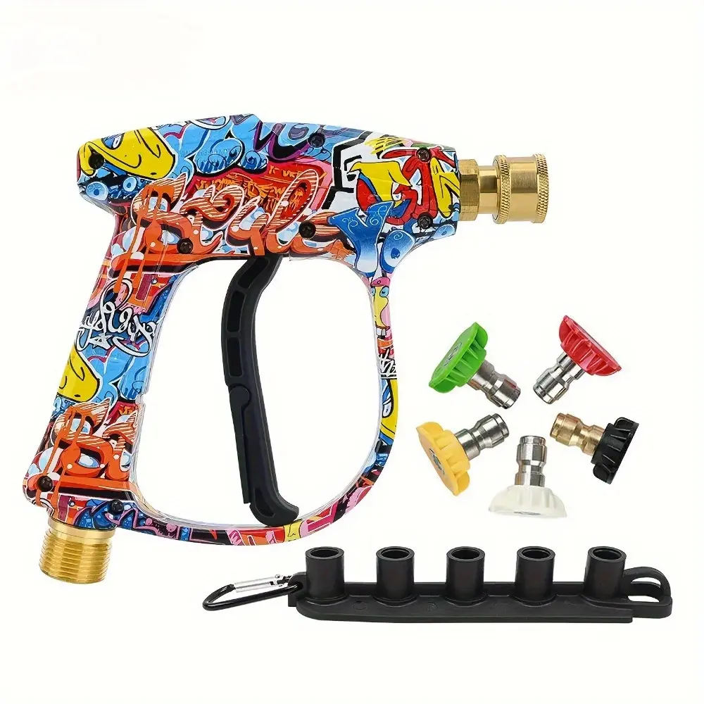【PLEASE NOTE the SIZE】Cool Short Handheld Water Spray Tool, Personalized Graffiti Car Wash Spray Lance, 1/4 inch QuickConnector,with 5 Pressure Washer Nozzle Tips for Pressure Power Washers M22-14mm Male Thread, Compatible with high-pressure washers