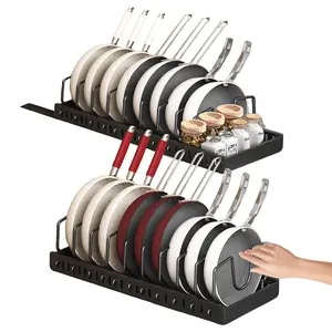 Mother's Day Gift | 2-Piece Under-Cabinet Cookware Storage Rack | Deep Pull-Out Pan & Lid Organizer with Guard Rails | Self-Adhesive with Adjustable Dividers (Black)