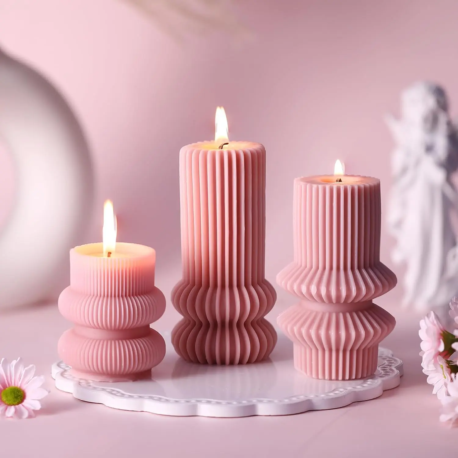 3 Pieces Small Ribbed Pillar Scented Decorative Candles Modern Geometric Home Decor for Bathroom Living Room