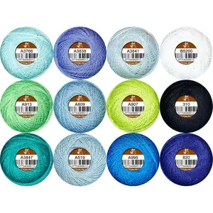 Double Mercerized Egyptian Long Staple Cotton Pearl Thread Ball 10 Grams Rainbow Color Embroidery Thread 12 Colors per Box for Crochet Hardanger Cross Stitch Hand Embroidery Bluegreen Series