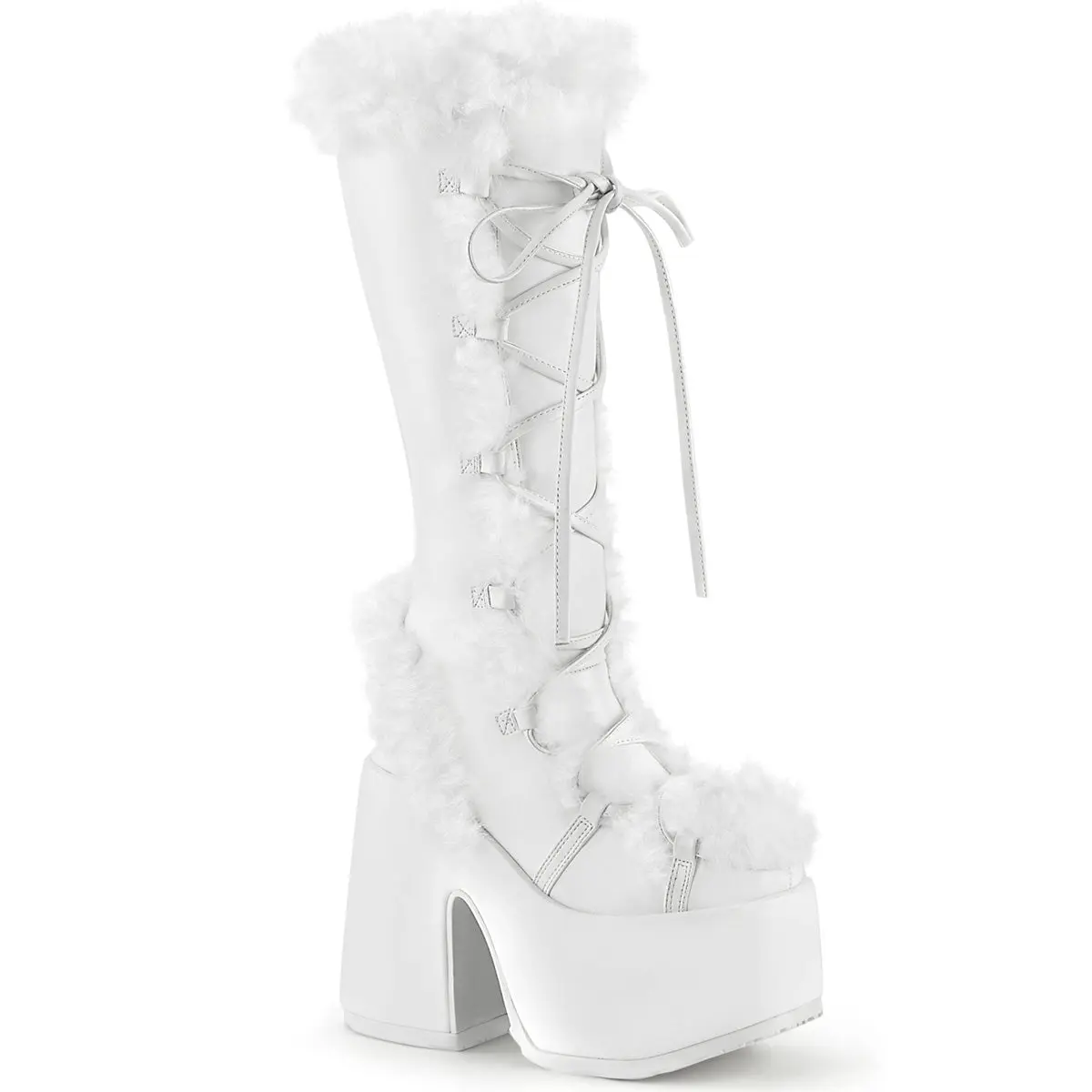 Demonia Camel-311 Women's Cuban Heel Lace-Up Knee High Boots with Faux Fur Trim Detail and Inner Side Zip