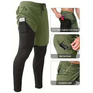 Men's 2-in-1 Workout Shorts With Pocket, Active High Stretch Compression Pants With Shorts For Fitness