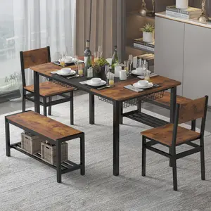 4-6 Seater Industrial Dining Table Set, Kitchen Table Equipped with 2 Benches and 2 Chairs, Built-in Storage Rack Design, Space-saving Rustic Dining Furniture for Kitchen and Dining Room Daily Use White Glass Door Wardrobe