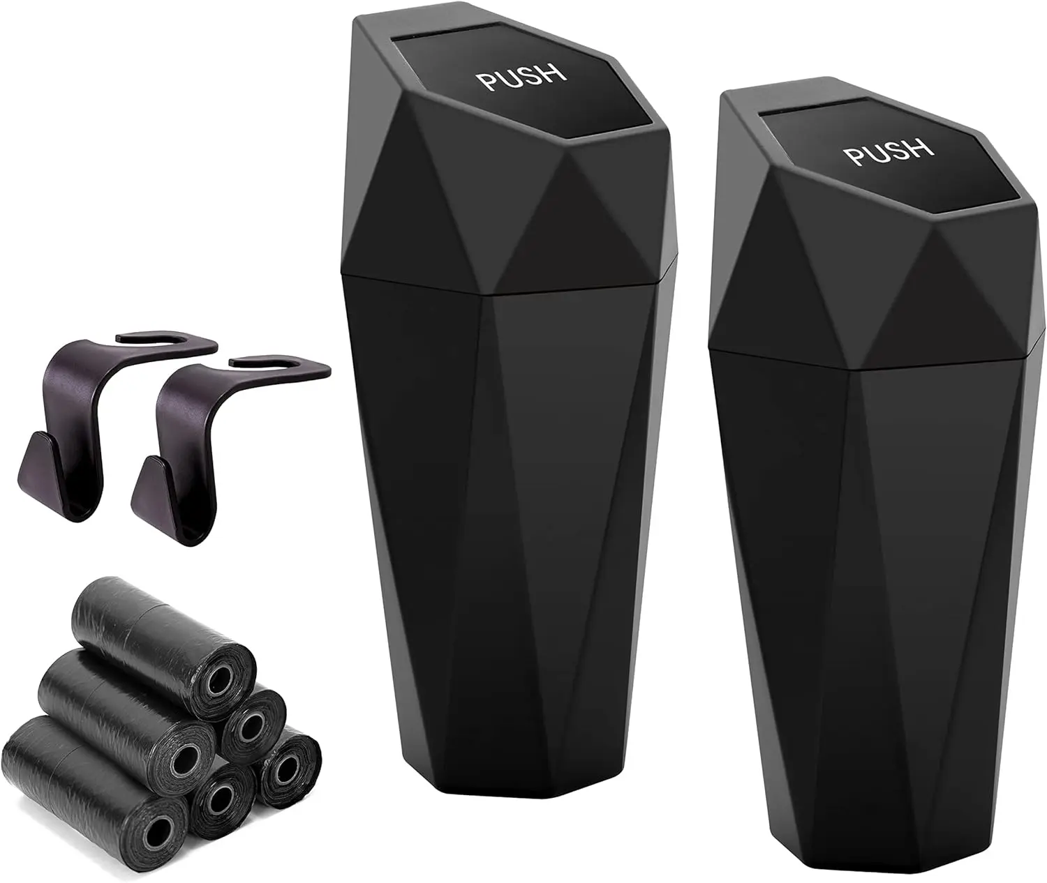 Car Trash Can Cup Holder, 2 Pack Mini Trash Can with Lid, Car Accessories for Interior, Leakproof Small Trash Cup for Home with Additional 2 ABS Hooks and 90pcs Trash Bags Black
