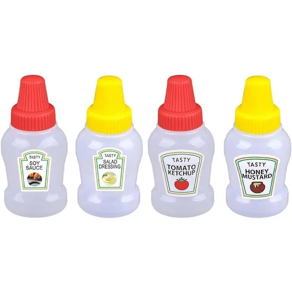 4 count 25ml Mini Ketchup Bottles, Mini Condiment Squeeze Plastic Sauce Bottles Containers Empty Ketchup and Mustard Syrup Dispenser
