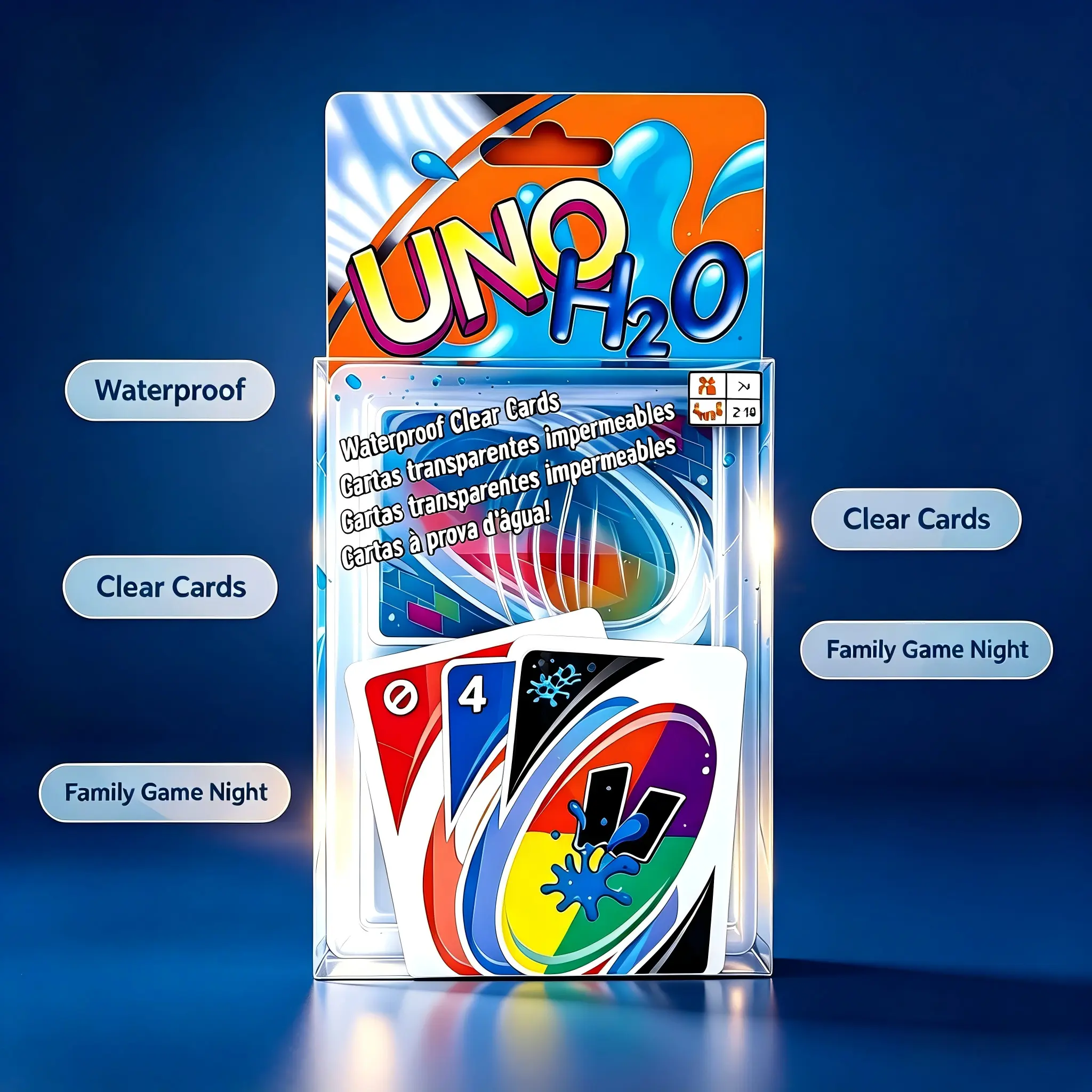 UNO H2O Waterproof Clear Cards 1 Pack Durable Plastic Tear Resistant Family Game For Pool Beach Hot Tub Travel 2-10 Players Ages 7+