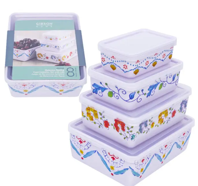 Gibson Home Anaya Durable Melamine Storage Containers, 8-Piece Rectangular Kitchen Set with Lids, Varied Sizes, Stackable for Meal Prep & Leftovers, Maintains Freshness