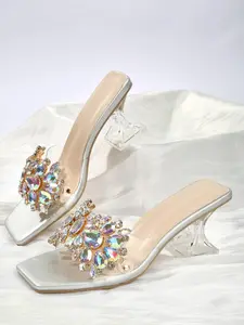 Women's Artificial Crystal Decor Comfy Sandals for Beach Holiday Vacation, Fashionable Rhinestone Sandals, 2025 Comfort Elegant Square Toe Heeled Sandals for Summer, Party, Back To School Stylish Footwear, Comfortable Pu Lining Heels, Elegant Party Shoes