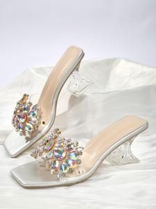 5women's fashionable artificial crystal decor sandals for beach holiday vacation, classy sandals, heels for women, 2025 comfort elegant square toe heeled sandals for summer, party, back to school stylish footwear, comfortable pu lining heels