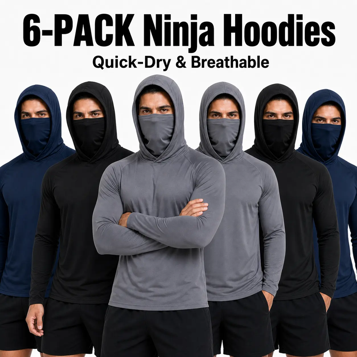 【6-Pack】set men's outdoor work sun protection clothing with sun-blocking hoodie, featuring built-in face mask and neck guard, breathable long-sleeve hoodie