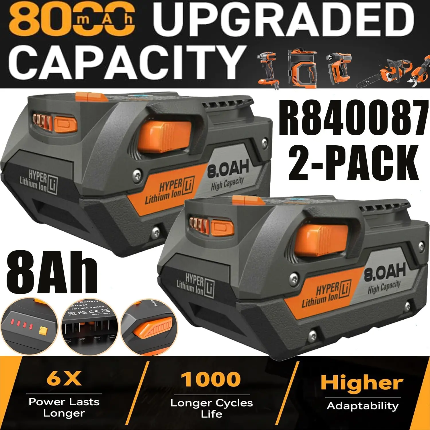 1-2PACK 18V 8.0Ah Lithium Replacement Power Tool Batteries, Compatible with Ridgid R840085/R840087 Genuine Models, Lithium Replacement Batteries, Cordless Power Tools