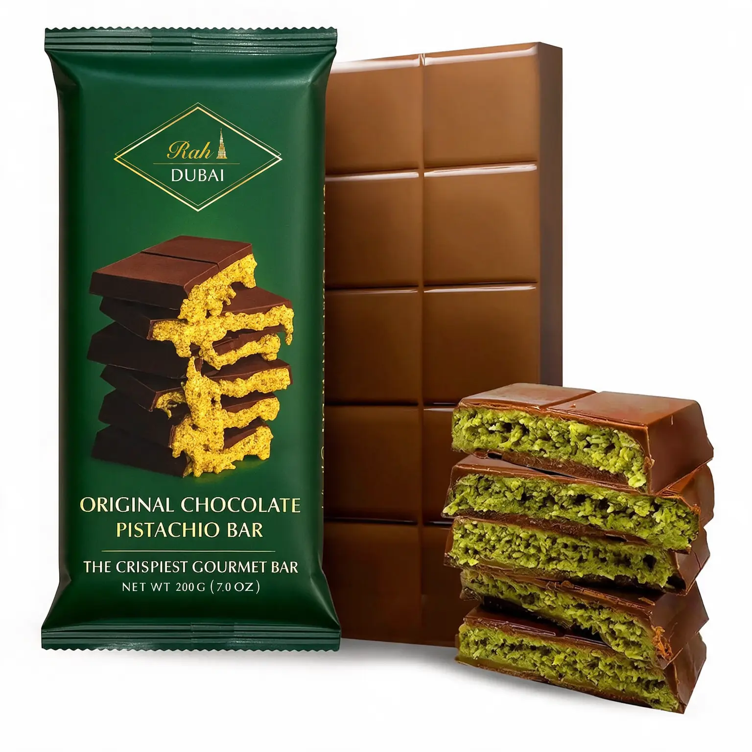 Rah Dubai Chocolate Bar Pistachio | Crunchy Loaded Viral Knafeh Chocolate Dubai with Pistachio Cream and Kataifi (7oz - 200g) The Crunchiest Kataifi Delight Perfect for Sharing, Shredded Phyllo Dough