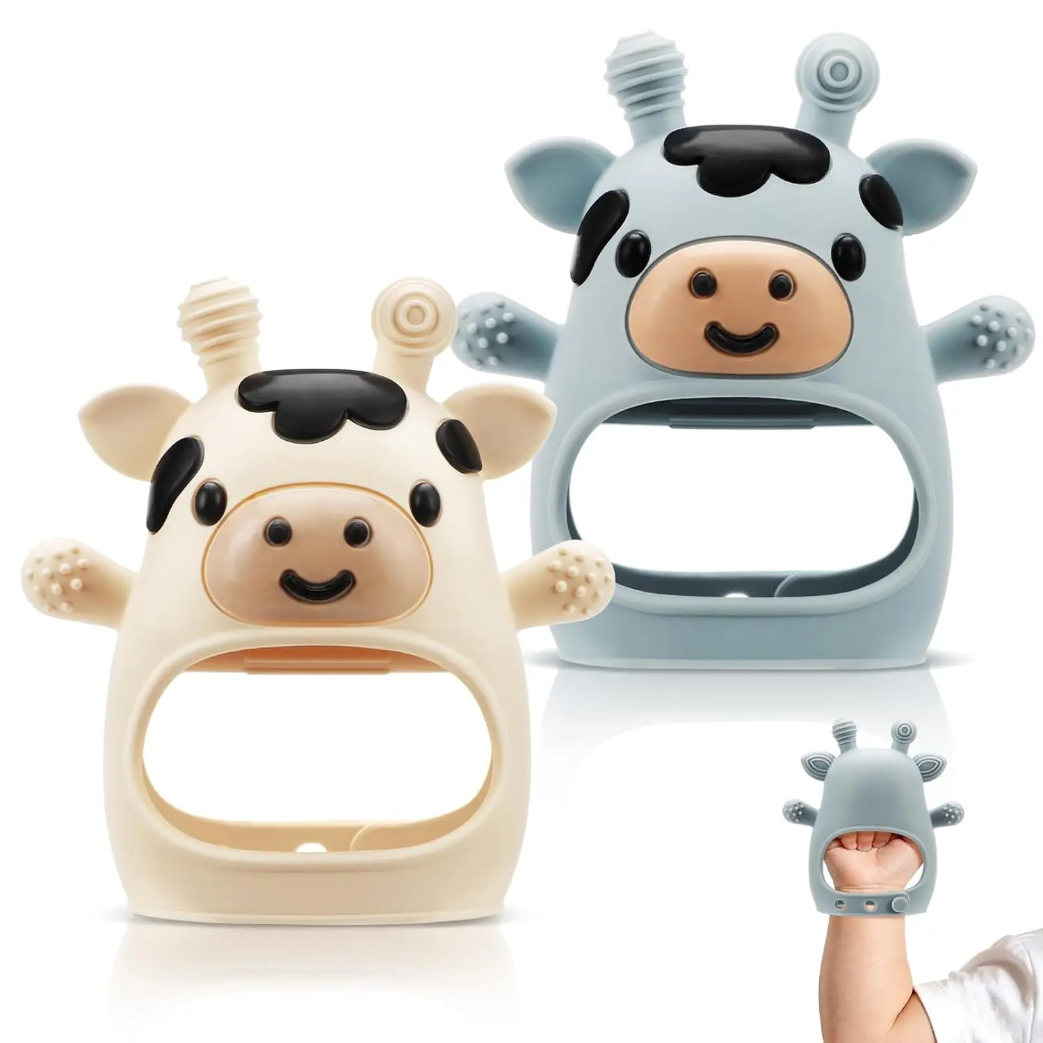 2 Pack Baby Teething Toys for 0-12 Months, Food Grade Silicone Teether Mitten, BPA-Free Baby Chew Toys, Adjustable Cow Teether for Teething Relief, Newborn Essentials, Blue & White